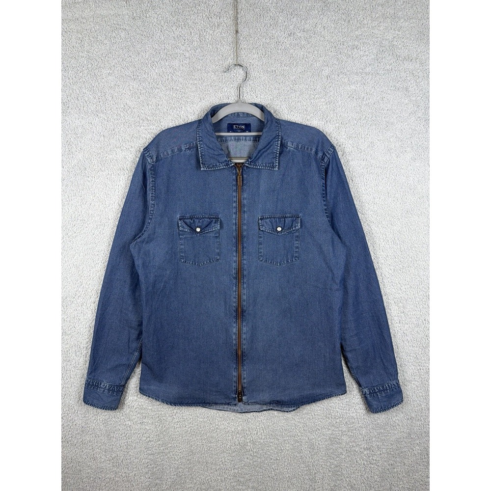 Eton Denim Full Zip Shirt Men's Size L 16 1/2 Slim Fit Shirt Utility Chambray